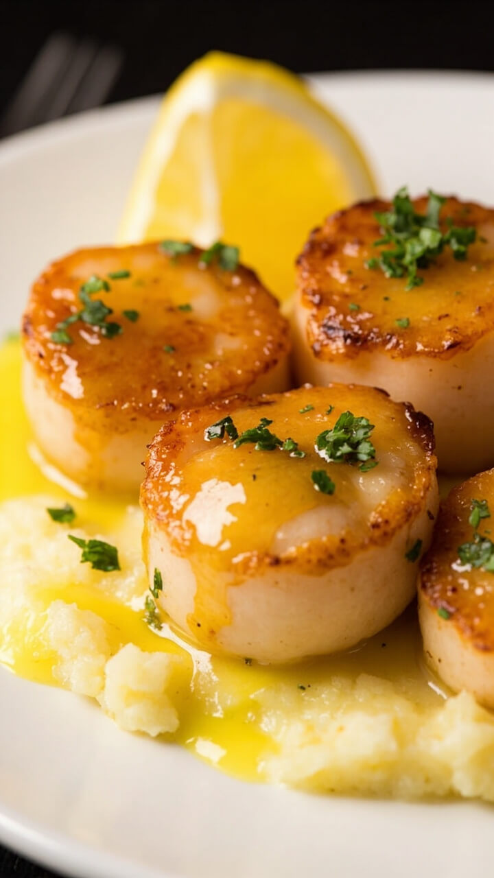Golden-seared scallops nestled on a white ceramic plate, drizzled with glossy lemon butter sauce, topped with fresh parsley, a wedge of lemon on the side, and served over a bed of creamy mashed potatoes.