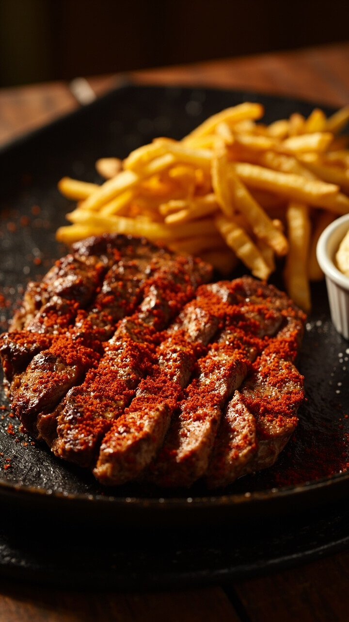 Sliced steak coated in red Cajun spices, fanned out on a black cast iron platter. A pile of golden shoestring fries sits next to it, and a ramekin of creamy remoulade sauce rounds out the scene.