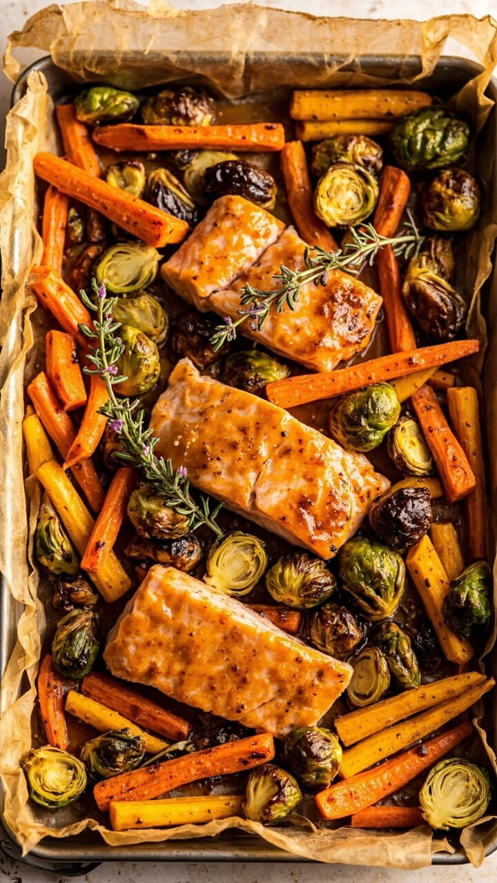 A half sheet pan filled with golden roasted carrot sticks, Brussels sprouts, and salmon fillets glazed with maple mustard. Sprigs of fresh thyme tucked between veggies, all on parchment. A half sheet pan filled with golden roasted carrot sticks, Brussels sprouts, and salmon fillets glazed with maple mustard. Sprigs of fresh thyme tucked between veggies, all on parchment.
