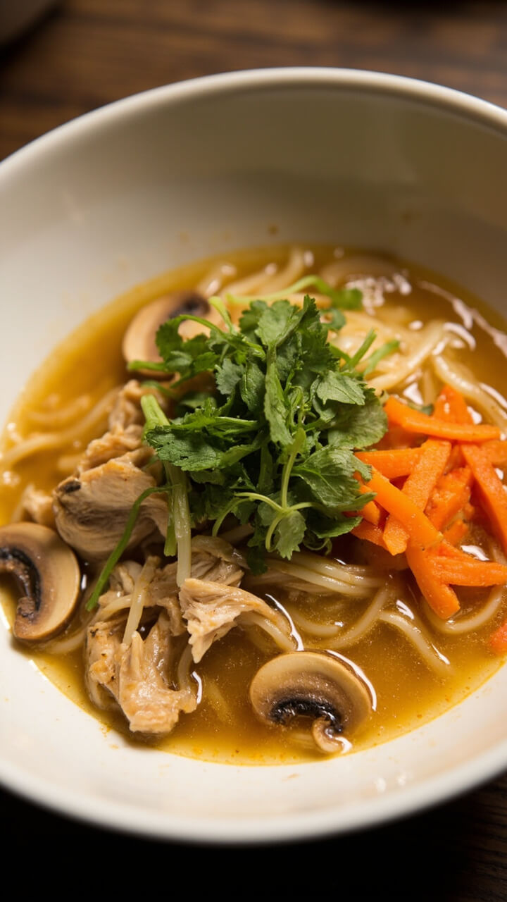 Transparent, golden lemongrass broth with ramen noodles, shredded chicken, sliced mushrooms, julienned carrots, and a handful of fresh cilantro and mint, served in an airy, modern bowl. Transparent, golden lemongrass broth with ramen noodles, shredded chicken, sliced mushrooms, julienned carrots, and a handful of fresh cilantro and mint, served in an airy, modern bowl.