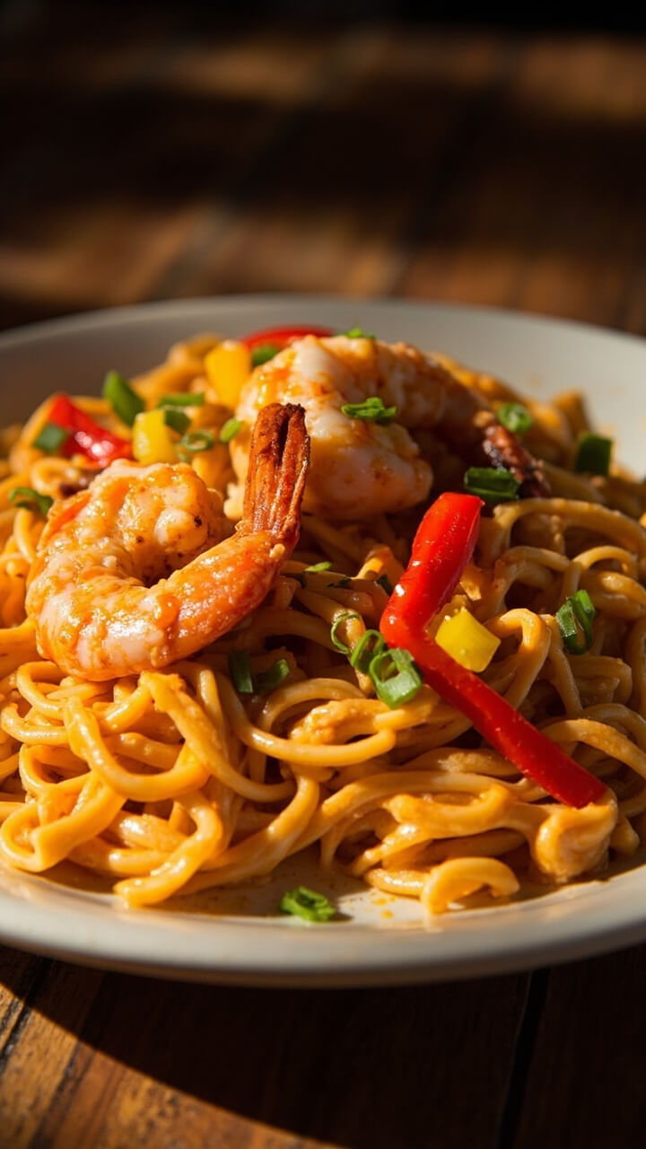 A dinner plate mounded with creamy, orange-tinted pasta and big Cajun-spiced shrimp, tossed with peppers and finished with chopped green onion.