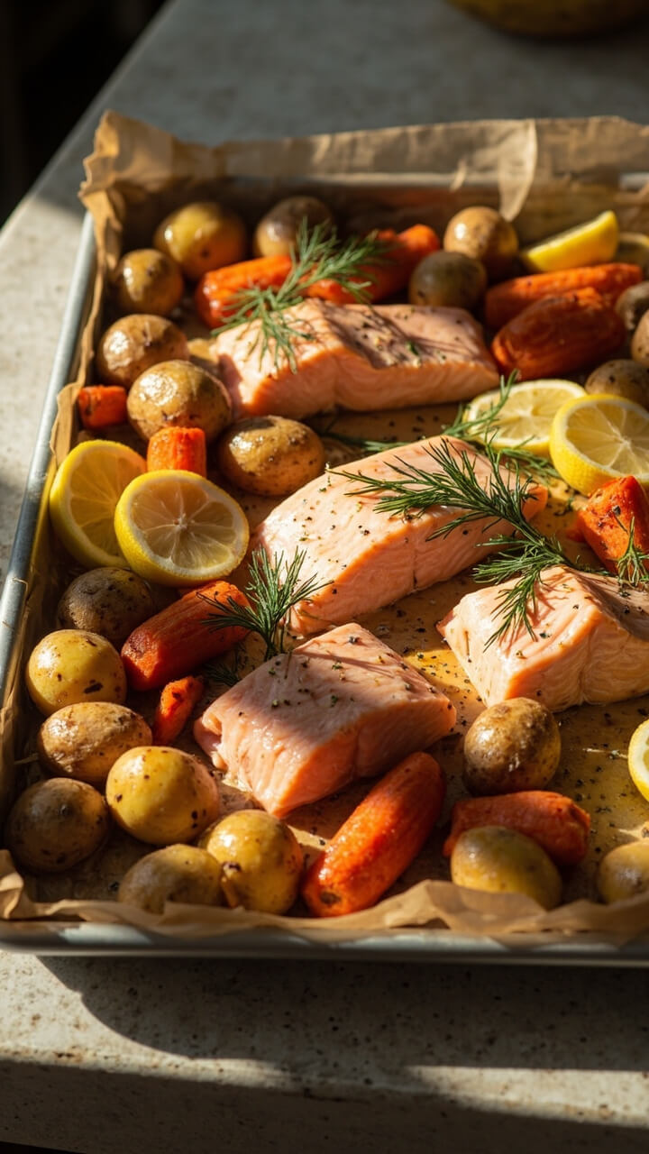 Pink salmon fillets surrounded by roasted baby potatoes, crisp-tender carrots, and thin lemon slices. Fresh dill is scattered on top. Everything’s arranged on a rimmed baking sheet lined with parchment, set on a kitchen counter.