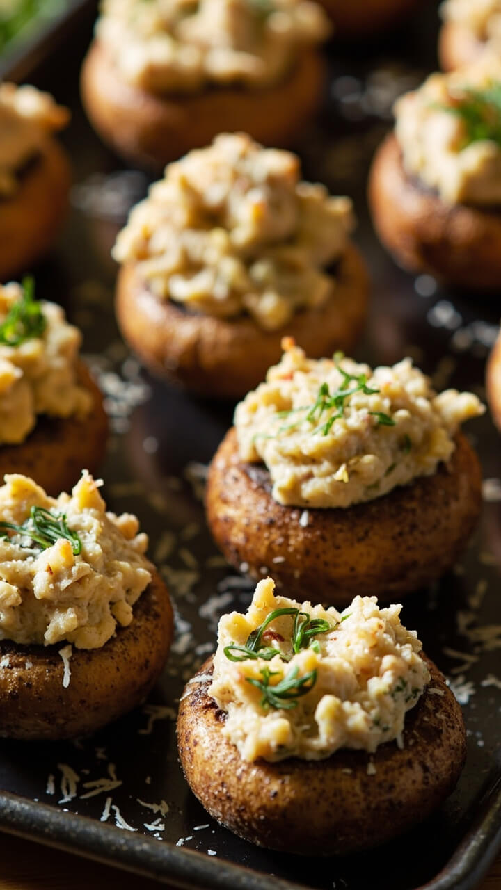 A tray of golden-brown baked mushroom caps, each stuffed with a creamy, herby imitation crab filling and sprinkled with parmesan. Garnished with finely chopped parsley on a dark serving tray.