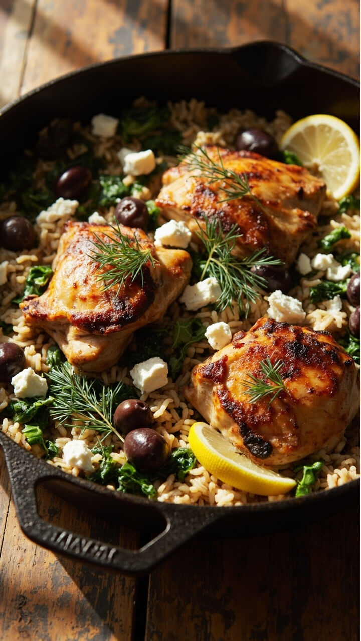 A skillet packed with golden-brown chicken thighs atop fluffy lemon-infused rice studded with chopped spinach, olives, and crumbled feta. A lemon wedge and dill sprigs garnish the dish.