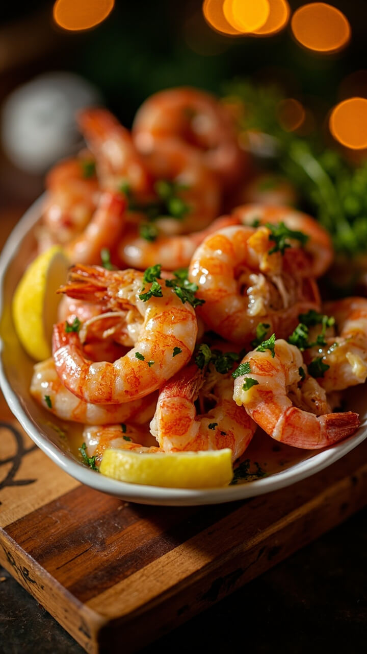 Large shrimp glistening with golden garlic butter, scattered with chopped parsley and served in a shallow white bowl, lemon rounds tucked on the side, set on a wooden Christmas-themed board.