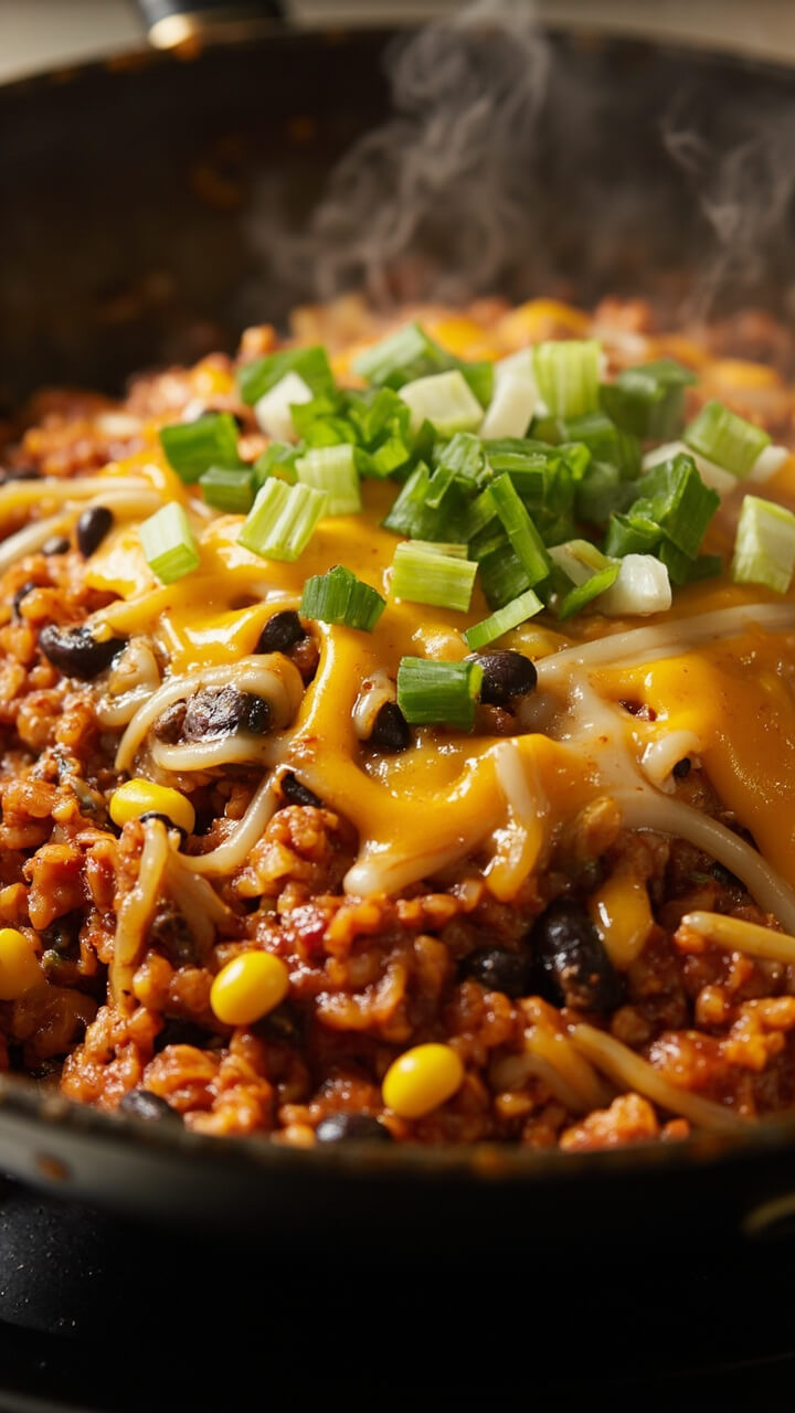 A skillet filled with seasoned ground beef, tomatoey rice, corn, and black beans, topped with melted cheddar and a sprinkle of scallions, served straight from the pan. A skillet filled with seasoned ground beef, tomatoey rice, corn, and black beans, topped with melted cheddar and a sprinkle of scallions, served straight from the pan.