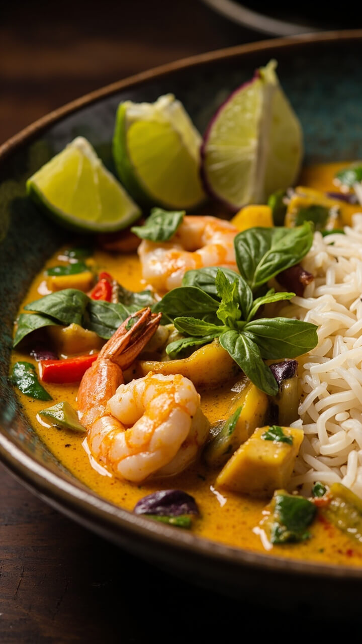 A shallow bowl filled with golden shrimp curry, visible shrimp, chunks of bell pepper, zucchini slices, and green beans in a light coconut sauce. The curry is garnished with fresh basil and lime wedges on the rim. Steamed white rice is served on the side.