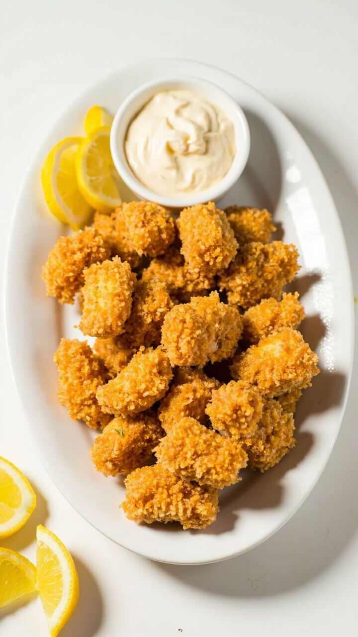A white oval platter with golden, bite-sized cod nuggets coated in panko crumbs. A small bowl of tartar sauce sits in the corner, with a few lemon wedges scattered around. A white oval platter with golden, bite-sized cod nuggets coated in panko crumbs. A small bowl of tartar sauce sits in the corner, with a few lemon wedges scattered around.