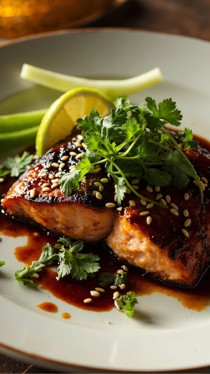 A salmon fillet drizzled with glossy, dark soy-sesame glaze on a round white plate, topped with fresh cilantro leaves and white sesame seeds. Sliced green onions and a lime wedge sit on the edge. A salmon fillet drizzled with glossy, dark soy-sesame glaze on a round white plate, topped with fresh cilantro leaves and white sesame seeds. Sliced green onions and a lime wedge sit on the edge.