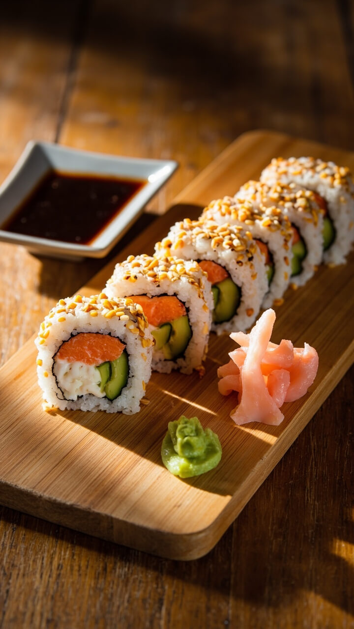 Slices of California rolls arranged neatly on a wooden sushi board, filled with bright orange imitation crab, creamy avocado, and crisp cucumber. Sprinkled with sesame seeds and served with a side of soy sauce, pickled ginger, and a dab of wasabi.