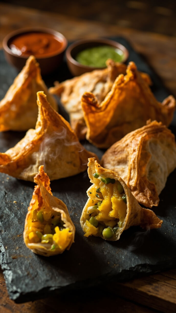 Triangular rice paper samosas, golden and crispy, are arranged on a slate platter with small bowls of green chutney and tamarind sauce. Steam rises from a broken open samosa, revealing turmeric-yellow spiced potatoes and peas.