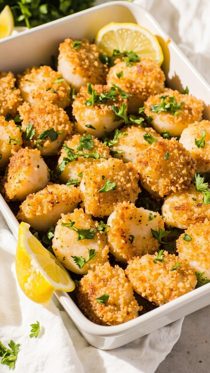 Scallops coated in golden panko crumbs, arranged in a shallow baking dish, with chopped fresh parsley and lemon wedges scattered on top, set on a white kitchen towel.