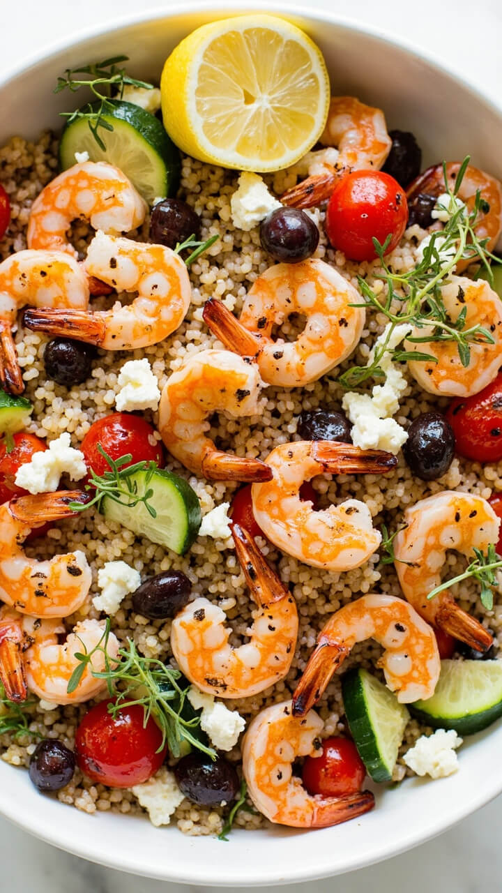 A deep bowl layered with fluffy quinoa, grilled shrimp, cherry tomatoes, cucumber slices, crumbled feta, and a few kalamata olives. The bowl is garnished with fresh oregano, and there’s a wedge of lemon on the rim. All components are clearly visible and neatly arranged.