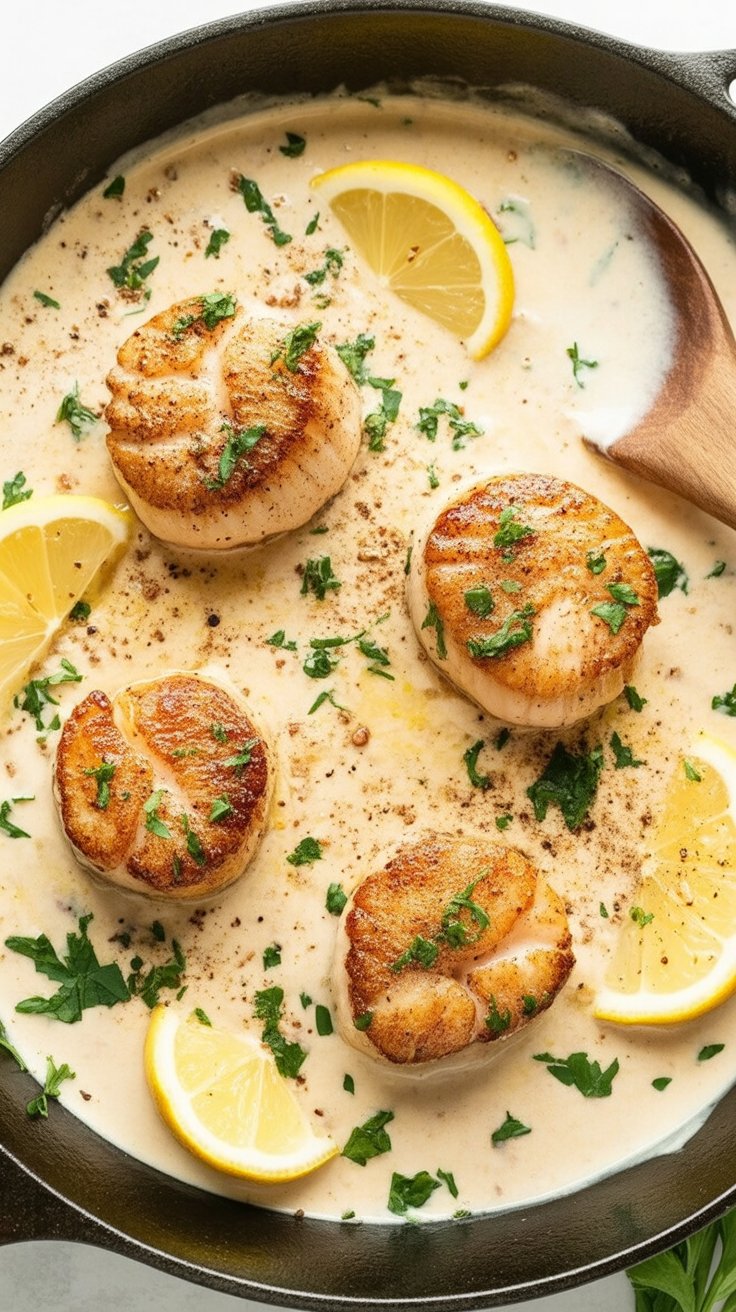 easy Creamy Lemon Garlic Pan Seared Scallops