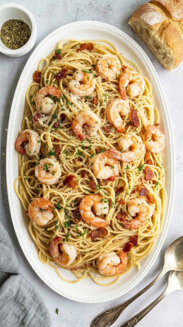 easy Spaghetti carbonara with shrimp