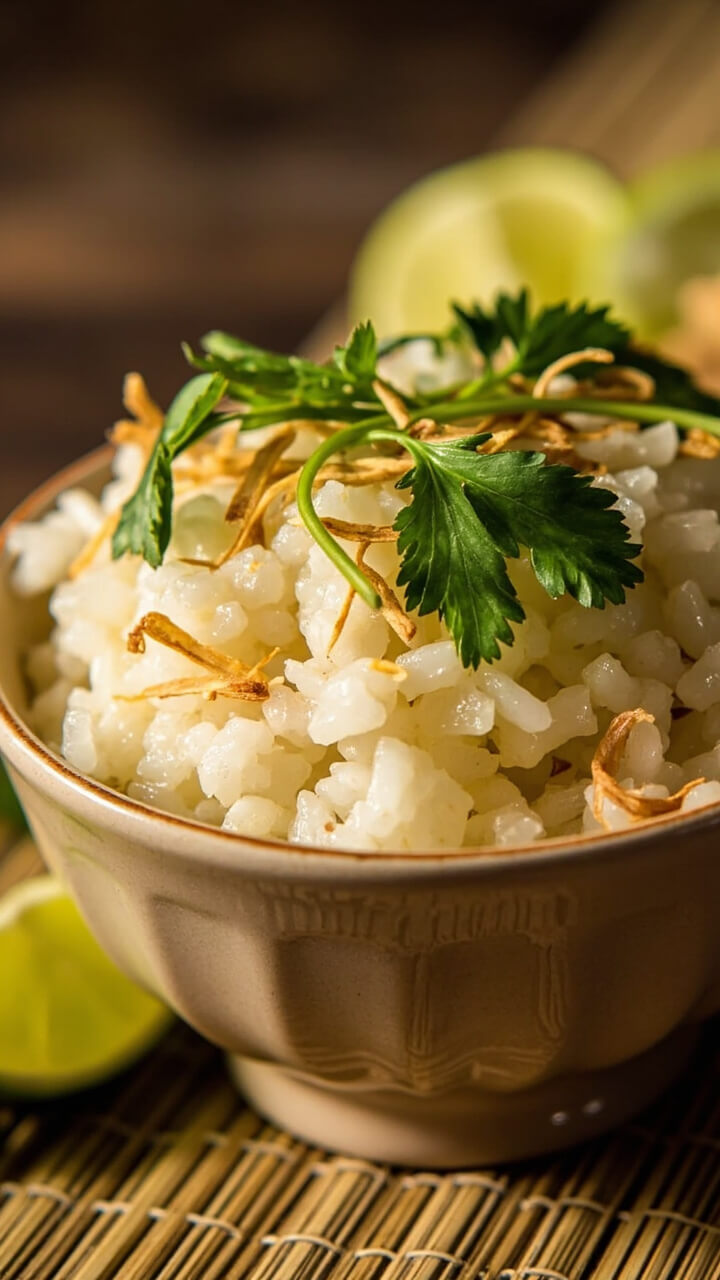 A small bowl of glossy white coconut rice, sprinkled with toasted coconut flakes and fresh cilantro, set on a bamboo mat with lime wedges on the side. A small bowl of glossy white coconut rice, sprinkled with toasted coconut flakes and fresh cilantro, set on a bamboo mat with lime wedges on the side.