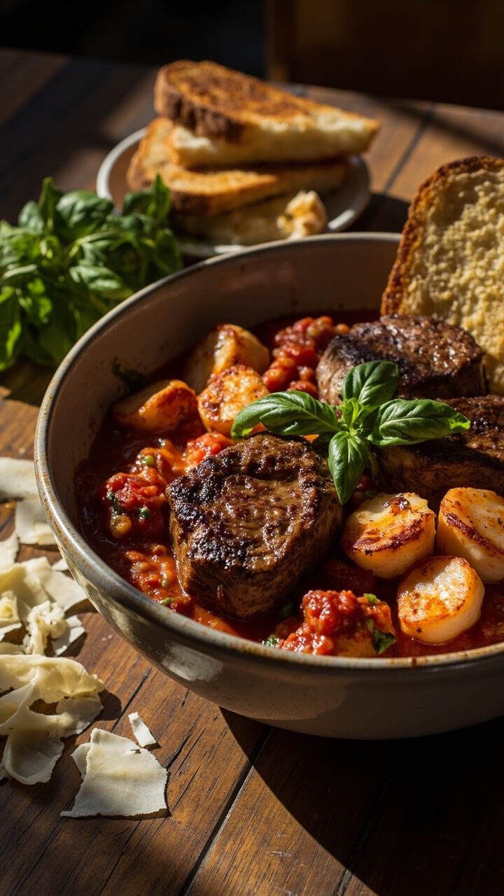 A large bowl with pieces of seared steak and scallops nestled in chunky, spicy tomato sauce. Fresh basil leaves, parmesan shavings, and toasted ciabatta slices are on the side. A large bowl with pieces of seared steak and scallops nestled in chunky, spicy tomato sauce. Fresh basil leaves, parmesan shavings, and toasted ciabatta slices are on the side.