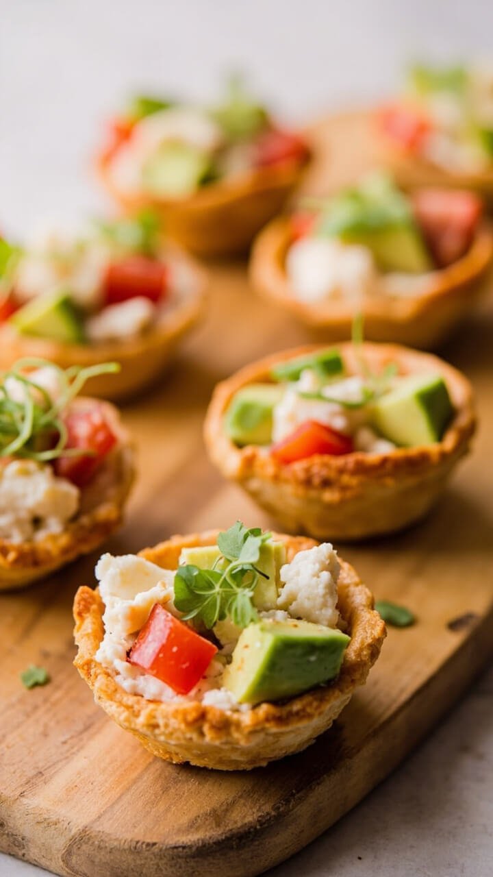 Mini pastry tart shells filled with a mixture of white crab meat, diced red tomatoes, and bright green avocado cubes, topped with a few microgreens. The tartlets are arranged in a circle on a serving board. Mini pastry tart shells filled with a mixture of white crab meat, diced red tomatoes, and bright green avocado cubes, topped with a few microgreens. The tartlets are arranged in a circle on a serving board.