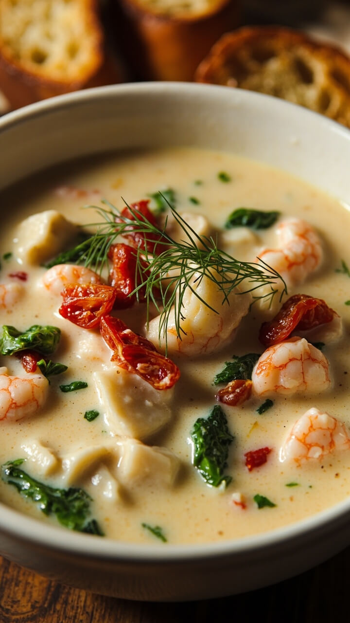 Creamy white chowder with chunks of white fish and pink shrimp, dotted with red sun-dried tomatoes and green spinach. Served in deep white bowls, sprinkled with fresh herbs and accompanied by toasted sourdough.