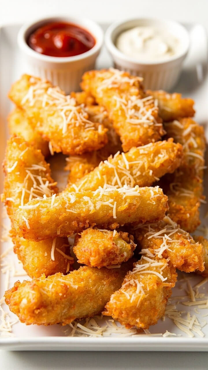 A rectangular platter stacked with golden fish fingers, lightly dusted with Parmesan, served with small bowls of ketchup and tartar sauce. A rectangular platter stacked with golden fish fingers, lightly dusted with Parmesan, served with small bowls of ketchup and tartar sauce.