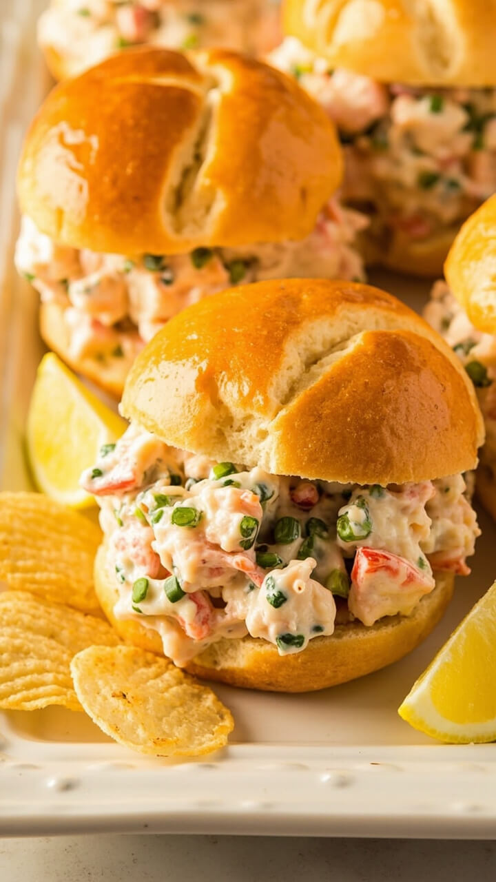 Golden split-top brioche buns filled with chunky lobster salad, lightly dressed with mayo and herbs, nestled on a white platter with lemon wedges and a side of crispy kettle chips. Golden split-top brioche buns filled with chunky lobster salad, lightly dressed with mayo and herbs, nestled on a white platter with lemon wedges and a side of crispy kettle chips.