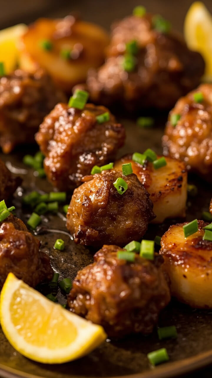 A rustic platter with plump, browned steak bites and golden scallops nestled together, glistening with garlic butter and sprinkled with chopped chives. Lemon wedges and cocktail toothpicks are arranged on the side. A rustic platter with plump, browned steak bites and golden scallops nestled together, glistening with garlic butter and sprinkled with chopped chives. Lemon wedges and cocktail toothpicks are arranged on the side.