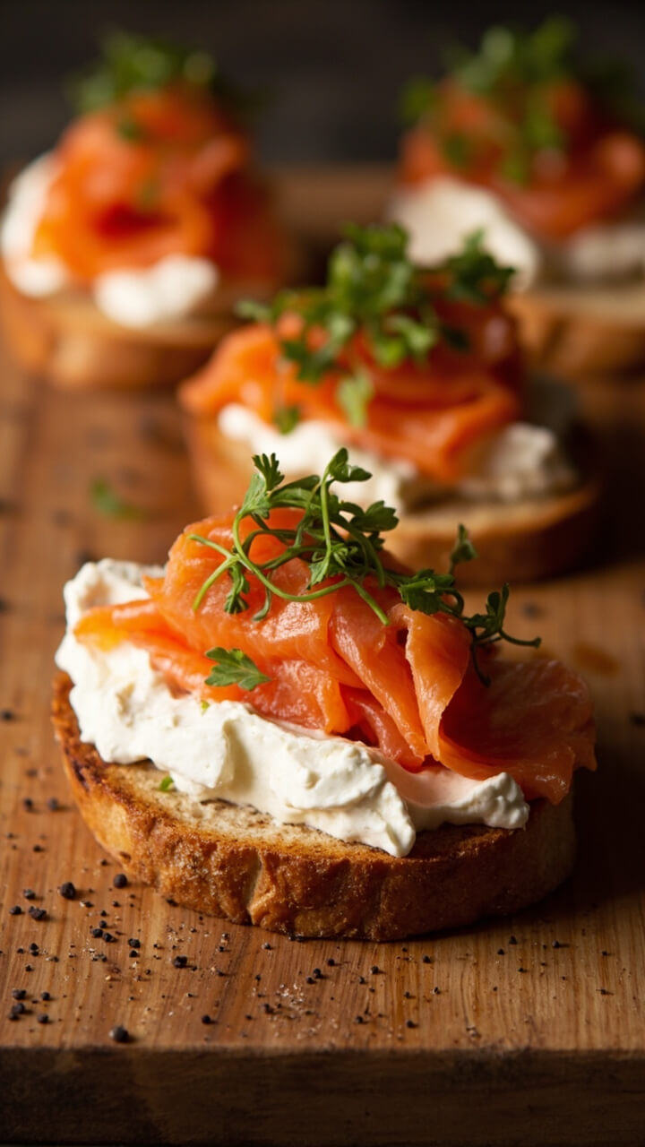 Thick-sliced toasted sourdough layered with whipped ricotta and folds of smoked salmon, topped with microgreens and a sprinkle of cracked pepper, all on a rustic wooden board.