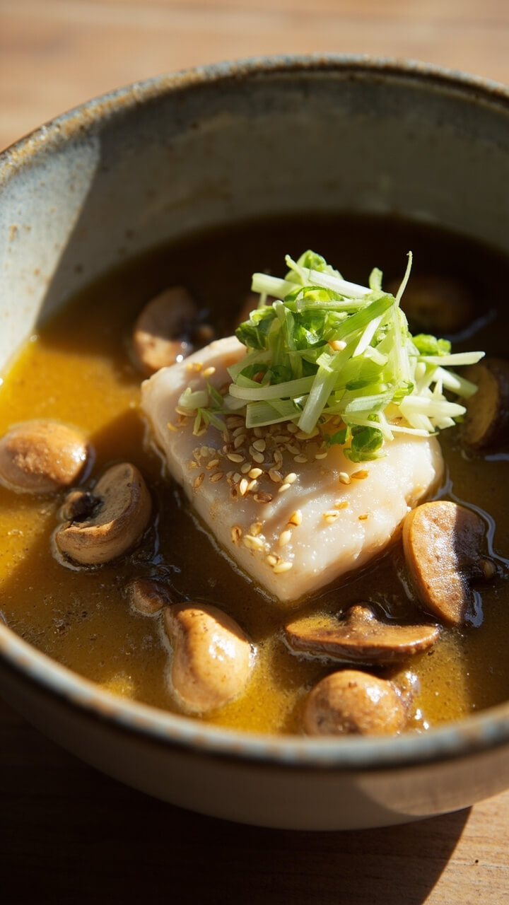 A shallow, wide bowl with a thick fillet of cod in a light tawny miso broth, surrounded by maitake and shiitake mushrooms, sprinkled with finely sliced green onions and sesame seeds. A shallow, wide bowl with a thick fillet of cod in a light tawny miso broth, surrounded by maitake and shiitake mushrooms, sprinkled with finely sliced green onions and sesame seeds.