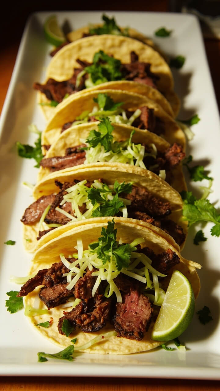 Corn tortillas filled with tender slices of charred skirt steak, topped with shredded green cabbage, cilantro leaves, and a wedge of lime. Served in a row on a white platter. Corn tortillas filled with tender slices of charred skirt steak, topped with shredded green cabbage, cilantro leaves, and a wedge of lime. Served in a row on a white platter.