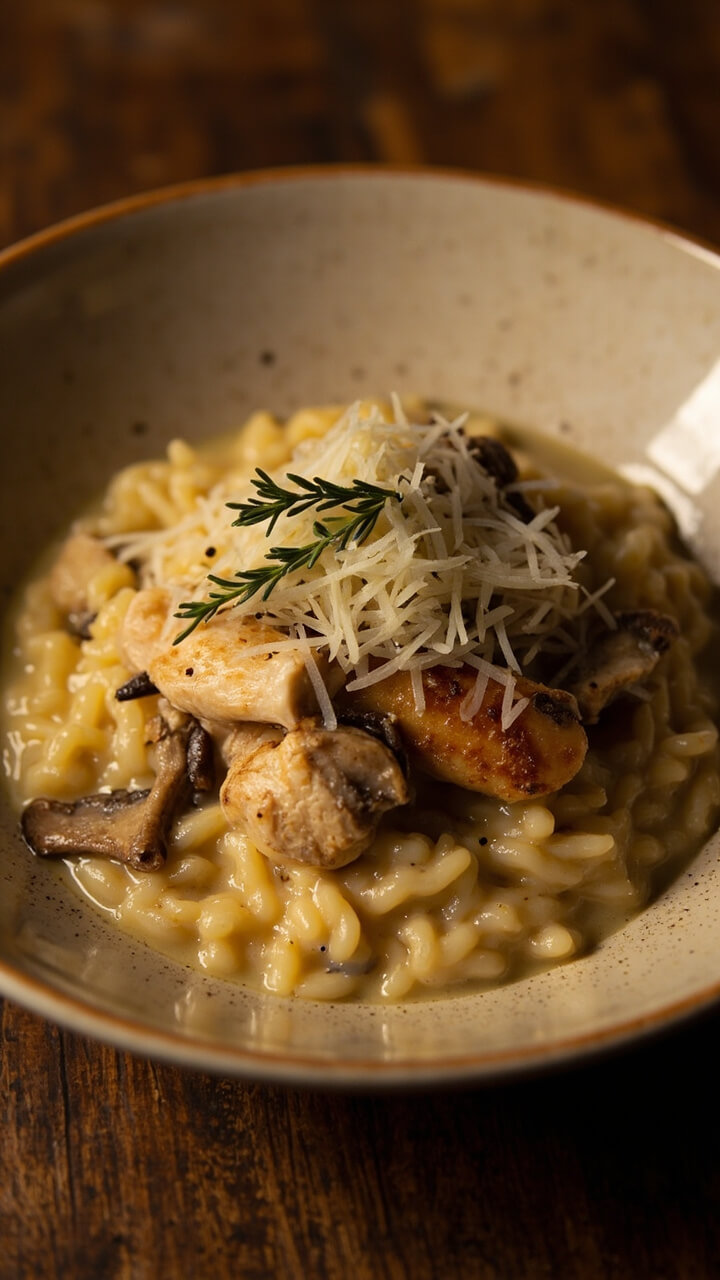 A shallow bowl of creamy risotto filled with chunks of chicken and sautéed mushrooms, topped with grated Parmesan, fresh thyme, and cracked black pepper.