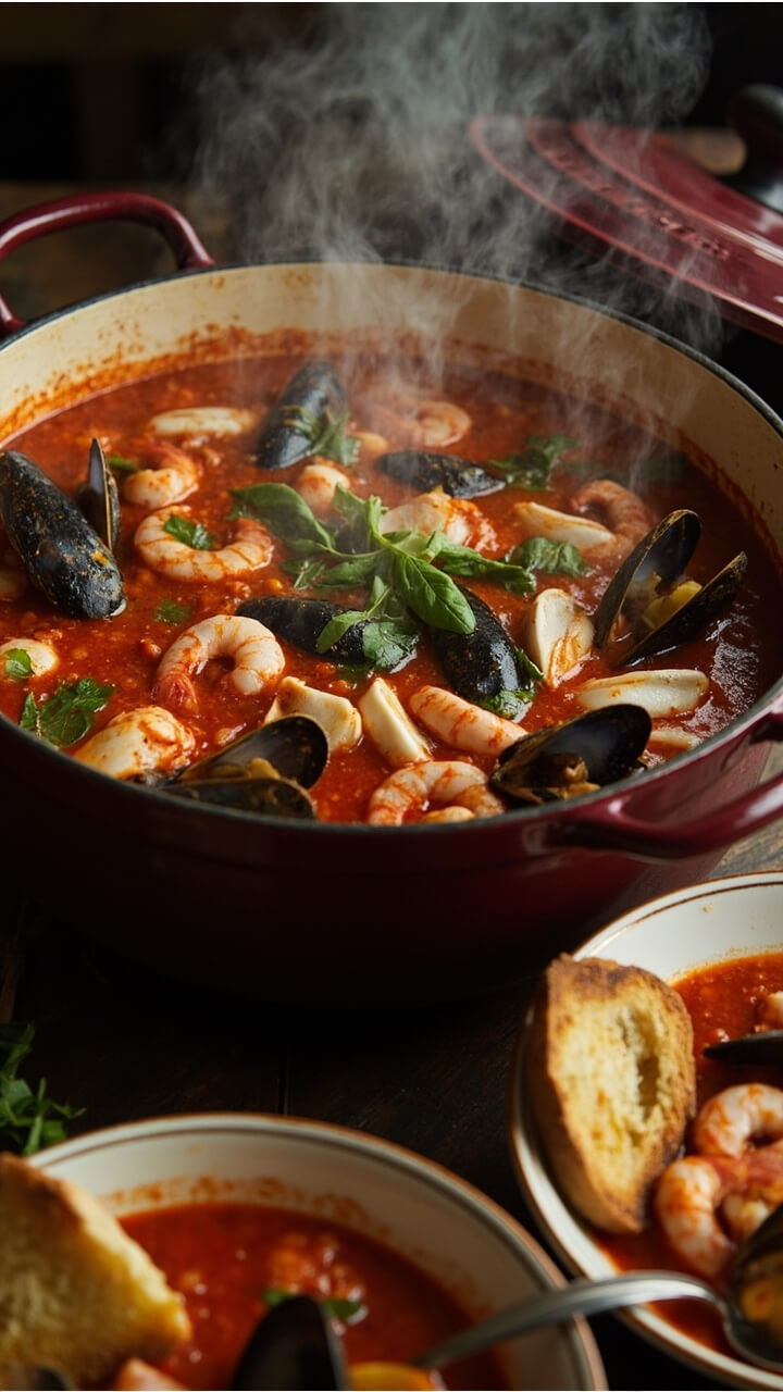 A big enameled Dutch oven filled with bright red tomato broth, steaming with mussels, clams, shrimp, and chunks of fish. Fresh basil and parsley float on top. Ladles of soup are served in wide shallow bowls with slices of toasted sourdough. A big enameled Dutch oven filled with bright red tomato broth, steaming with mussels, clams, shrimp, and chunks of fish. Fresh basil and parsley float on top. Ladles of soup are served in wide shallow bowls with slices of toasted sourdough.