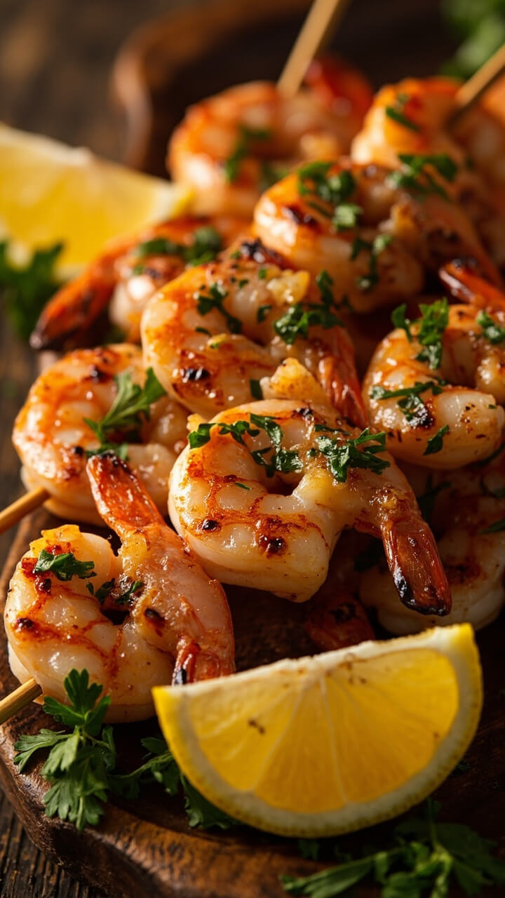 Plump grilled shrimp threaded onto wooden skewers, brushed with glossy garlic butter, and garnished with chopped parsley, laid out in a fan on a platter with lemon wedges. Plump grilled shrimp threaded onto wooden skewers, brushed with glossy garlic butter, and garnished with chopped parsley, laid out in a fan on a platter with lemon wedges.