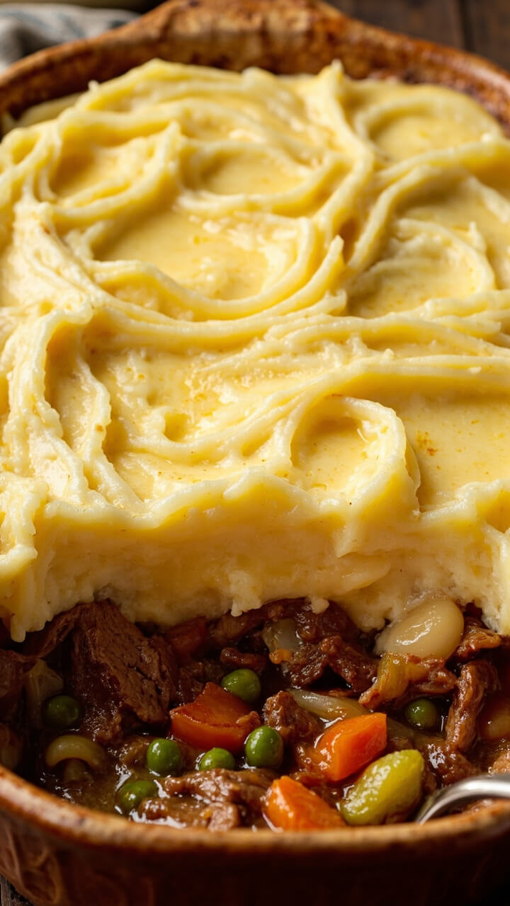 A deep baking dish with golden mashed potatoes swirled on top, scooped back to reveal a rich steak and vegetable filling underneath. A deep baking dish with golden mashed potatoes swirled on top, scooped back to reveal a rich steak and vegetable filling underneath.
