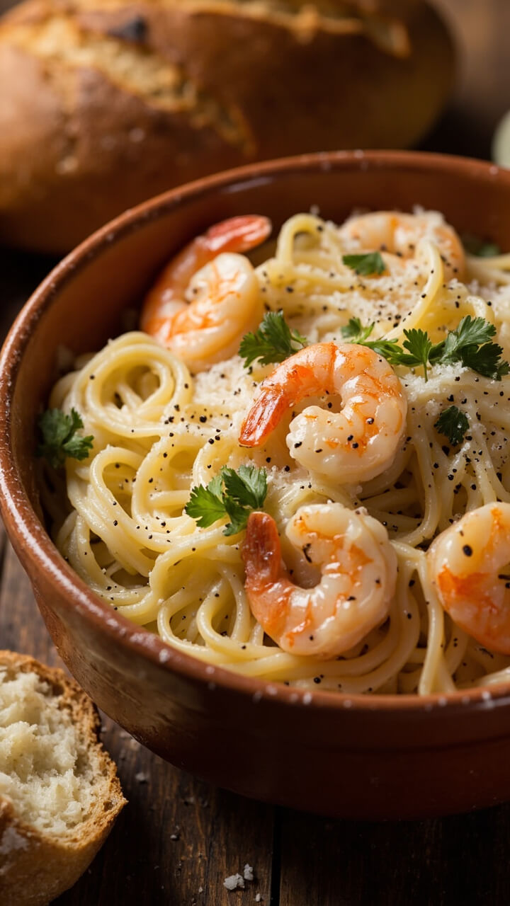A rustic ceramic bowl brimming with wide fettuccine tossed in a glossy cream sauce, topped with golden shrimp, a sprinkle of chopped parsley, and a dusting of parmesan, with flecks of cracked pepper visible on the surface. A loaf of crusty bread rests beside the bowl. A rustic ceramic bowl brimming with wide fettuccine tossed in a glossy cream sauce, topped with golden shrimp, a sprinkle of chopped parsley, and a dusting of parmesan, with flecks of cracked pepper visible on the surface. A loaf of crusty bread rests beside the bowl.