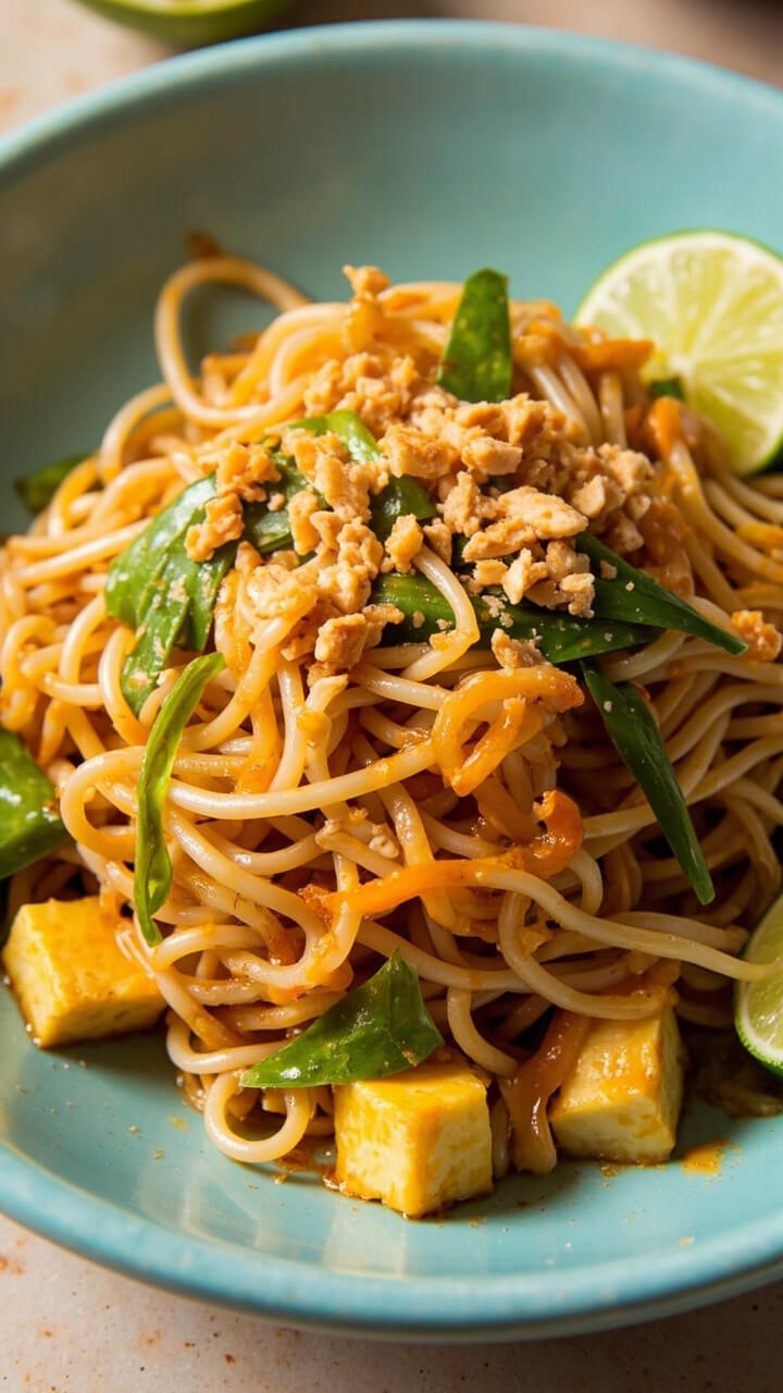 A light blue shallow plate featuring ramen noodles stir-fried with scrambled egg, tofu, and bean sprouts, tossed in glossy Pad Thai sauce. Crushed peanuts and lime wedges finish the dish. A light blue shallow plate featuring ramen noodles stir-fried with scrambled egg, tofu, and bean sprouts, tossed in glossy Pad Thai sauce. Crushed peanuts and lime wedges finish the dish.