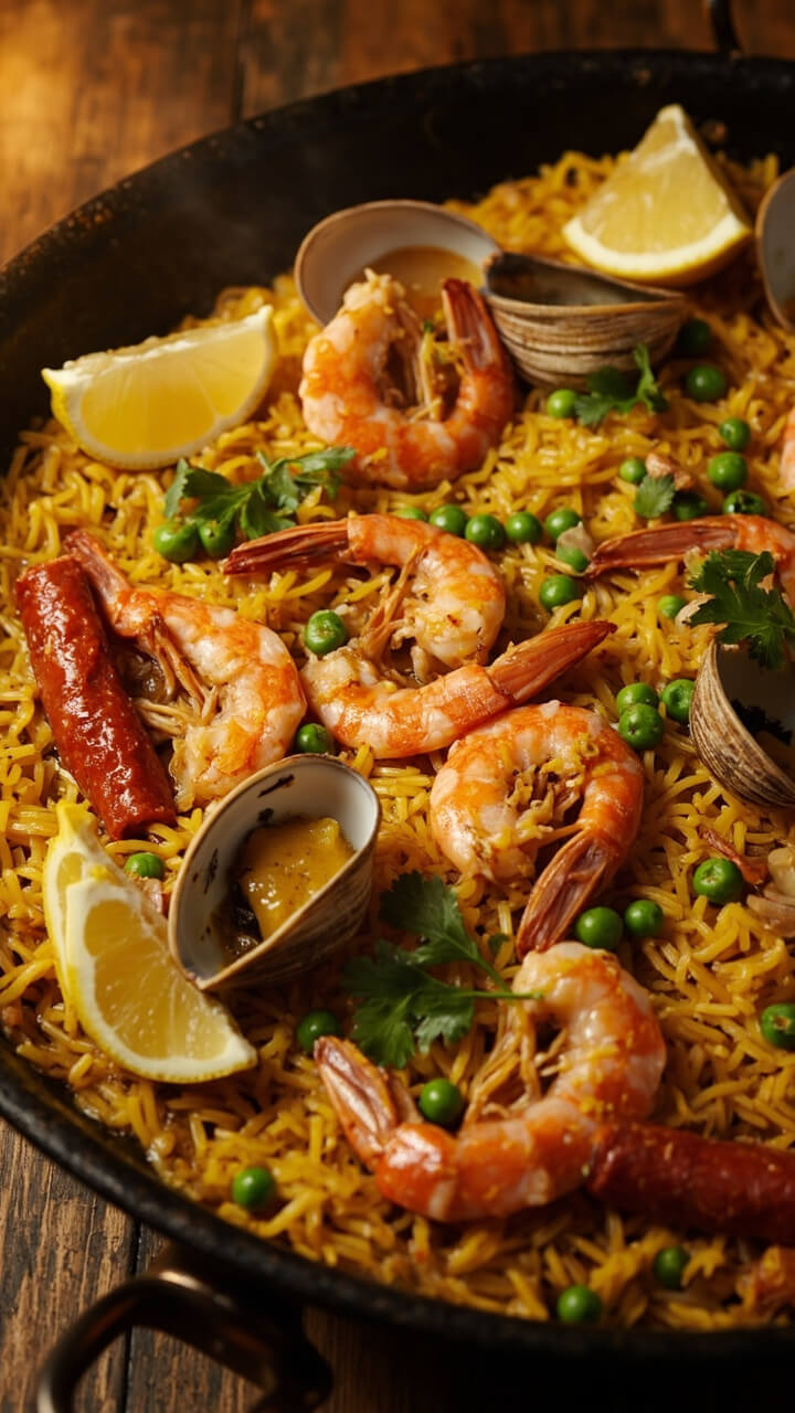 A vibrant paella pan with golden saffron rice, pink shrimp, open clams, sliced chorizo, and peas, garnished with lemon wedges and parsley. A vibrant paella pan with golden saffron rice, pink shrimp, open clams, sliced chorizo, and peas, garnished with lemon wedges and parsley.