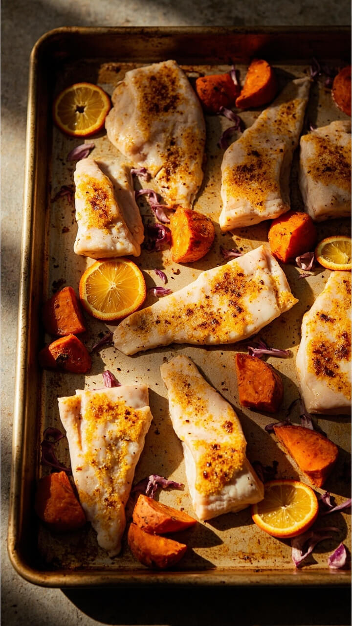 A rimmed baking sheet with haddock fillets lined up between wedges of roasted sweet potato, orange slices, and scattered red onion. A dusting of turmeric stains the edges golden. A rimmed baking sheet with haddock fillets lined up between wedges of roasted sweet potato, orange slices, and scattered red onion. A dusting of turmeric stains the edges golden.