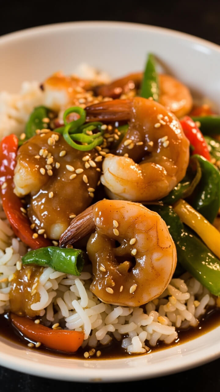 A mound of white rice in a shallow bowl, topped with glossy shrimp and colorful bell pepper and snap pea stir fry, all glistening with a light, sticky brown sauce. Sesame seeds and chopped green onions are scattered over the top.