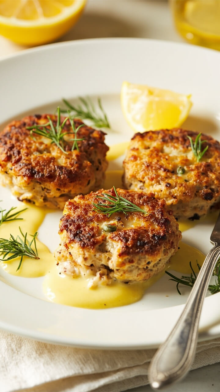 Three golden-brown crab cakes on a white ceramic plate with a swipe of creamy lemon-dill aioli, scattered with fresh dill sprigs, and a lemon wedge on the side. There’s a linen napkin and a fork nearby, and the crab cakes have visible crab chunks. Three golden-brown crab cakes on a white ceramic plate with a swipe of creamy lemon-dill aioli, scattered with fresh dill sprigs, and a lemon wedge on the side. There’s a linen napkin and a fork nearby, and the crab cakes have visible crab chunks.