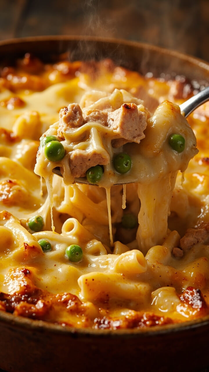 A casserole dish layered with baked penne, chunks of tuna, green peas, and golden melted cheese, with a serving spoon tucked into the bubbling pasta. A casserole dish layered with baked penne, chunks of tuna, green peas, and golden melted cheese, with a serving spoon tucked into the bubbling pasta.