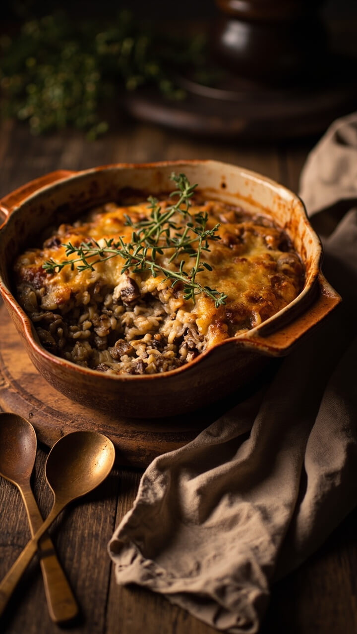 A stoneware casserole filled with a medley of wild rice and mushrooms, thickly sauced, with a bubbly, slightly golden top. Sprigs of fresh thyme on top, with serving spoons nearby. Cozy neutral napkins and a wooden trivet set in a warmly lit kitchen.