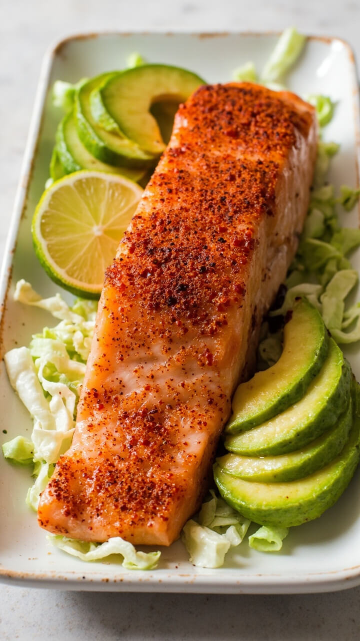 A coral-hued salmon fillet, dusted with chili powder and garnished with lime wedges, on a rectangular plate. Shredded cabbage and avocado slices are arranged neatly beside it. A coral-hued salmon fillet, dusted with chili powder and garnished with lime wedges, on a rectangular plate. Shredded cabbage and avocado slices are arranged neatly beside it.