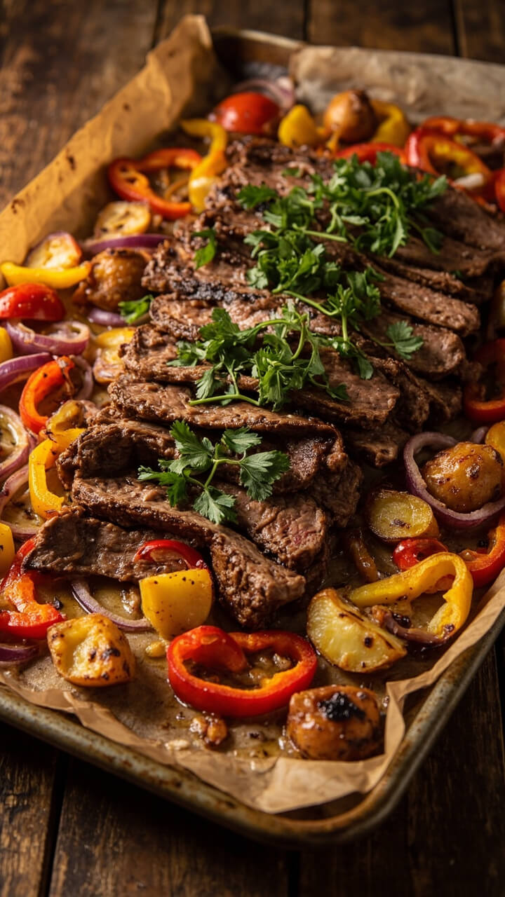 A parchment-lined baking sheet with colorful roasted bell pepper strips, red onion, and chunks of golden potato, with skirt steak strips perched on top and a sprinkle of fresh parsley. A parchment-lined baking sheet with colorful roasted bell pepper strips, red onion, and chunks of golden potato, with skirt steak strips perched on top and a sprinkle of fresh parsley.