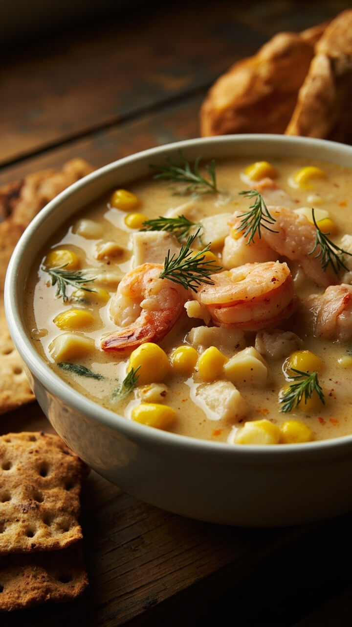 A hearty white bowl filled with creamy seafood chowder, dotted with pink shrimp, bite-sized pieces of cod, golden sweet corn, and diced potatoes. Sprigs of fresh parsley float on top, and crackers or rustic bread rest on the side of a wooden table.