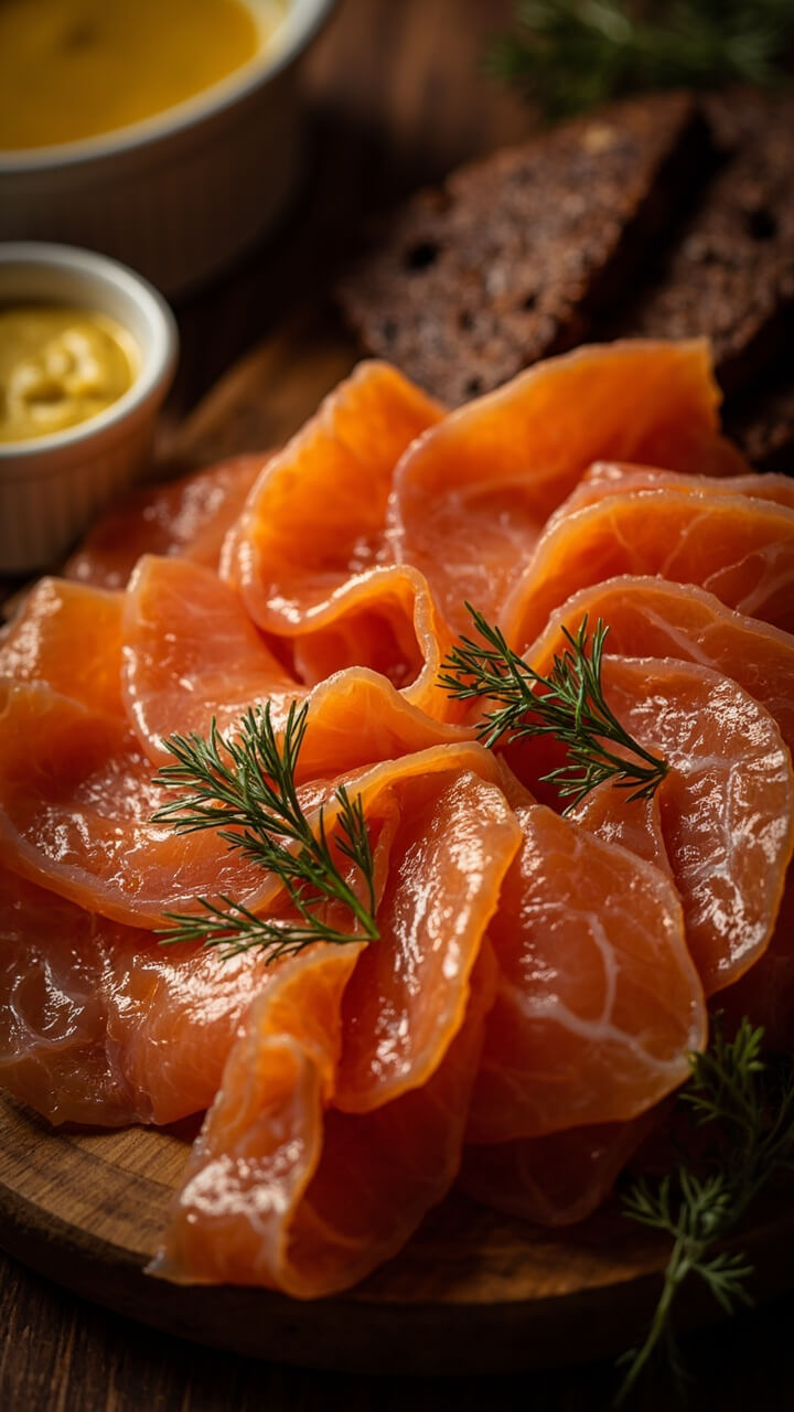 Thin slices of orange-pink cured salmon fanned on a round wooden board, sprinkled with fresh dill. Small bowls of mustard sauce nearby, and triangles of dense rye bread at the edges.