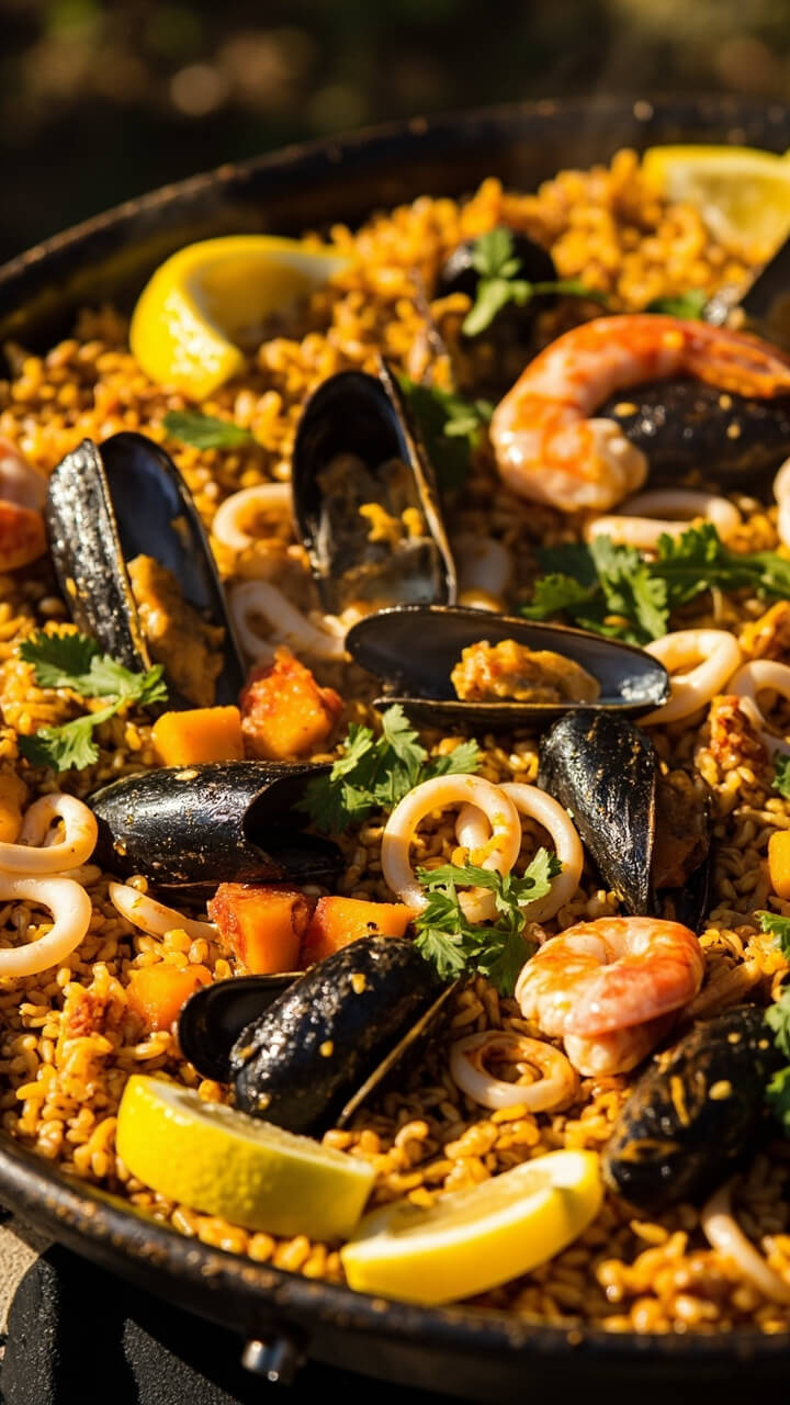 A large, shallow paella pan filled with saffron-tinted rice, mussels, shrimp, squid rings, and chunks of golden roasted squash. Sprigs of cilantro dot the top, and lemon wedges circle the pan’s rim. A large, shallow paella pan filled with saffron-tinted rice, mussels, shrimp, squid rings, and chunks of golden roasted squash. Sprigs of cilantro dot the top, and lemon wedges circle the pan’s rim.