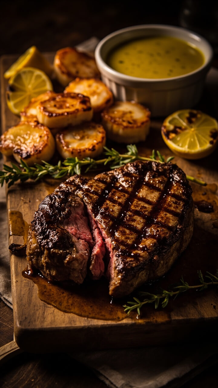 A charcoal-grilled ribeye steak with classic grill marks, sliced on a wooden board, with a cluster of four seared scallops glistening with lemon-garlic butter. Sprigs of fresh thyme and grilled lemon halves add color, and a ramekin of herb sauce is at the edge. A charcoal-grilled ribeye steak with classic grill marks, sliced on a wooden board, with a cluster of four seared scallops glistening with lemon-garlic butter. Sprigs of fresh thyme and grilled lemon halves add color, and a ramekin of herb sauce is at the edge.