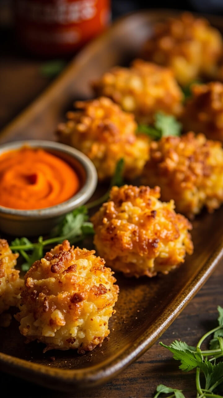 Mini crab cakes, golden and crispy, set on a ceramic platter with a small bowl of sriracha mayo, garnished with fresh cilantro sprigs. Mini crab cakes, golden and crispy, set on a ceramic platter with a small bowl of sriracha mayo, garnished with fresh cilantro sprigs.
