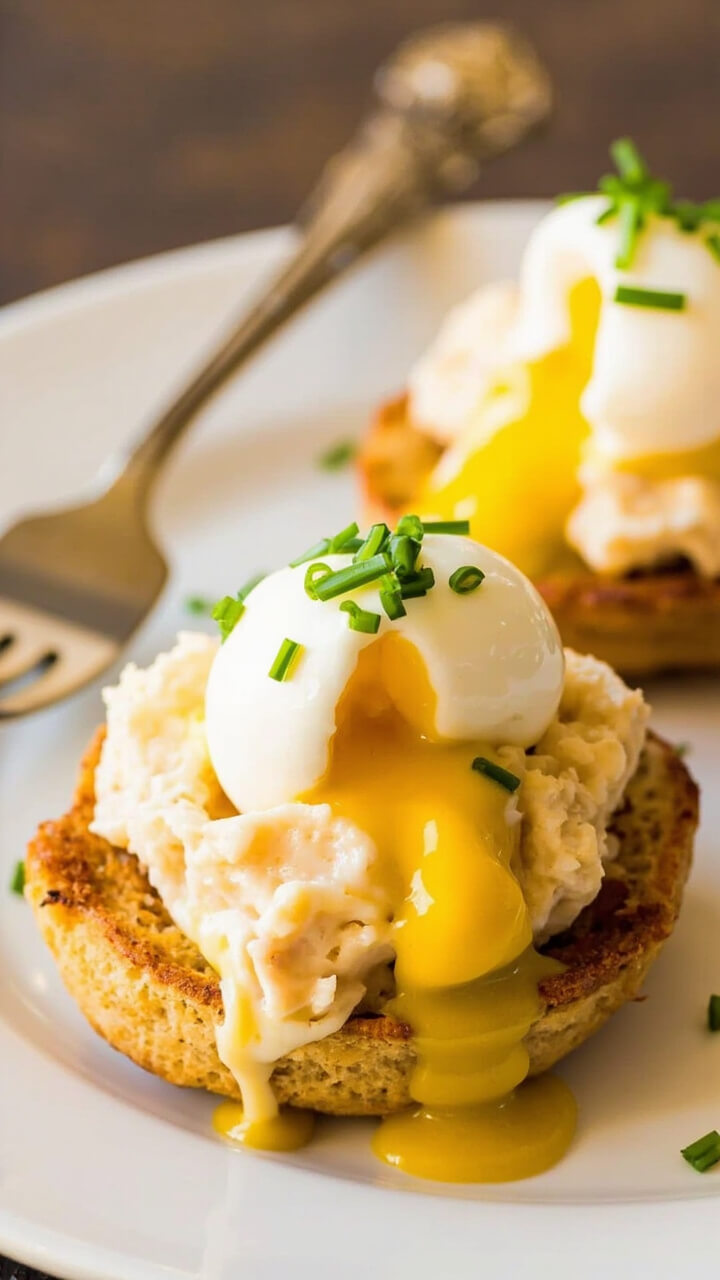 Two toasted English muffin halves, each topped with a poached egg, creamy hollandaise, and a generous scoop of lump crab meat. A sprinkling of chopped chives adds color, and the plate is set with a vintage dessert fork. Two toasted English muffin halves, each topped with a poached egg, creamy hollandaise, and a generous scoop of lump crab meat. A sprinkling of chopped chives adds color, and the plate is set with a vintage dessert fork.