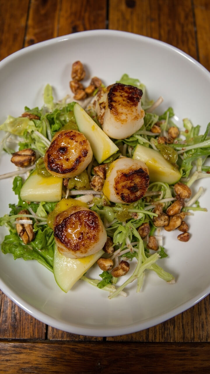 A salad of baby greens, thinly sliced apple, and seared scallops is drizzled with hazelnut vinaigrette, scattered with toasted hazelnuts. Everything sits in a shallow white bowl on a wooden table. A salad of baby greens, thinly sliced apple, and seared scallops is drizzled with hazelnut vinaigrette, scattered with toasted hazelnuts. Everything sits in a shallow white bowl on a wooden table.